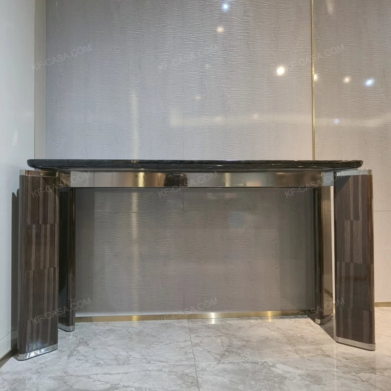 Dark Marble Console Table with Checkered Wood Legs and Polished Metal Frame